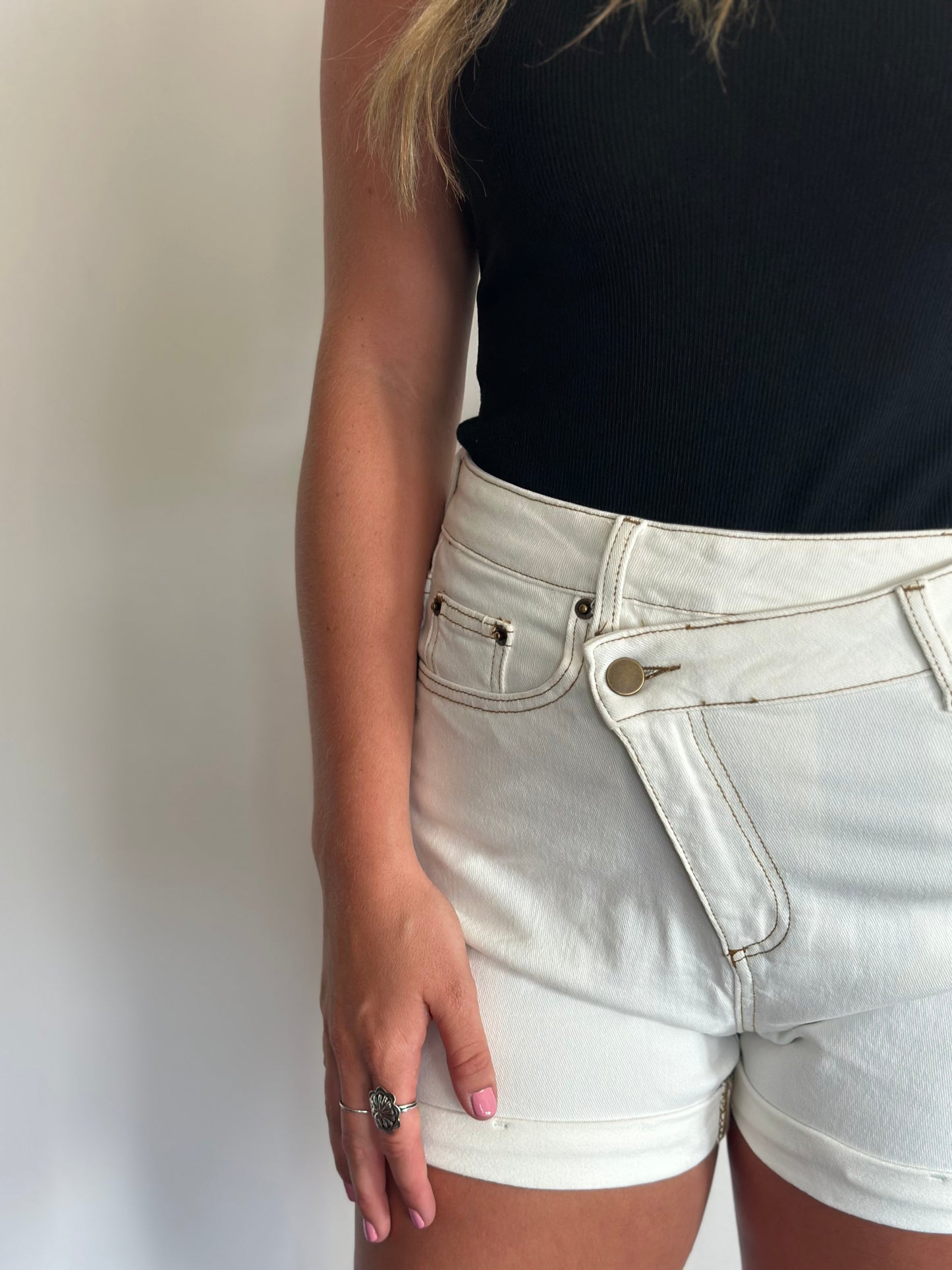 White Asymmetric Denim Short