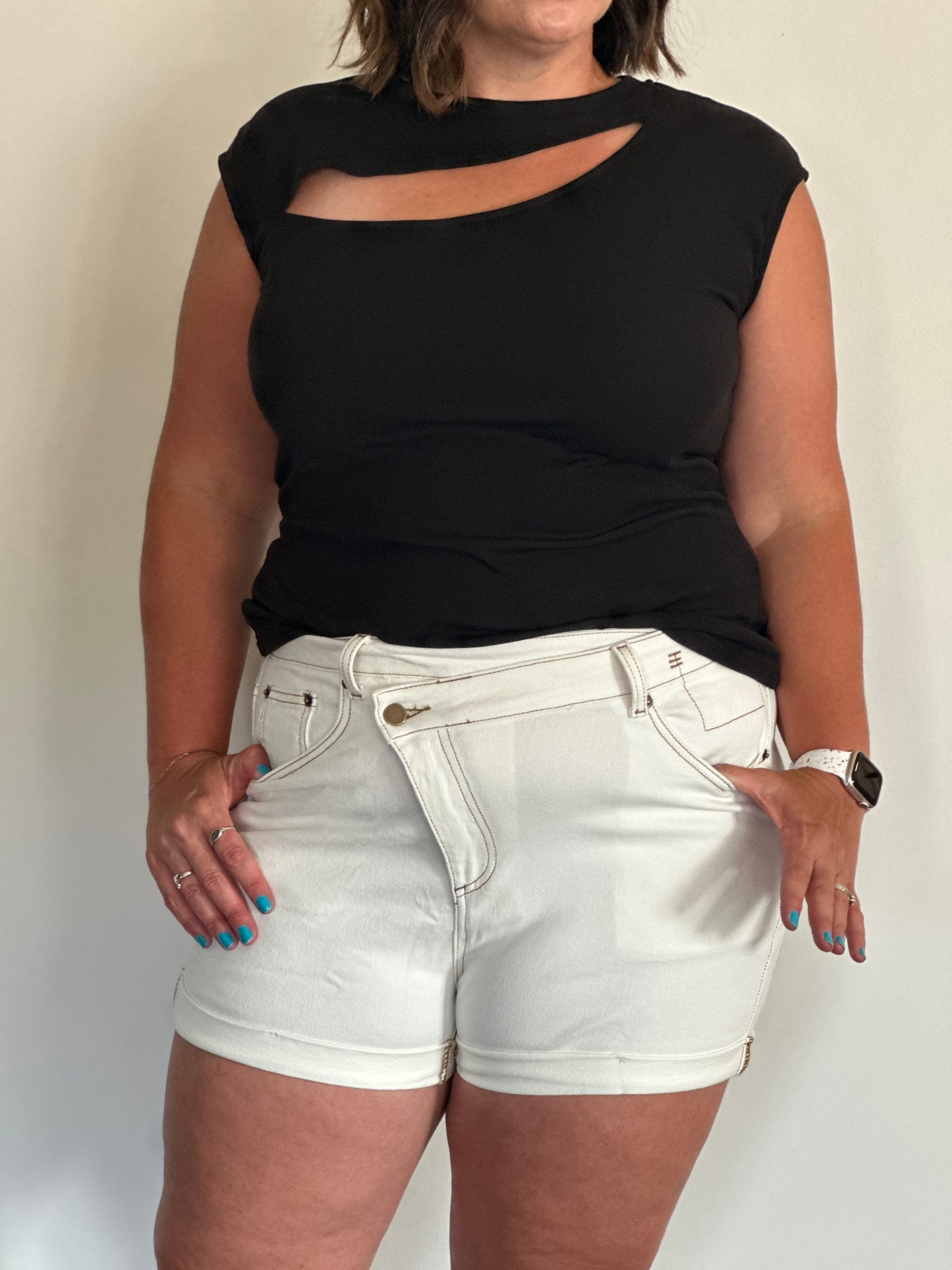 White Asymmetric Denim Short