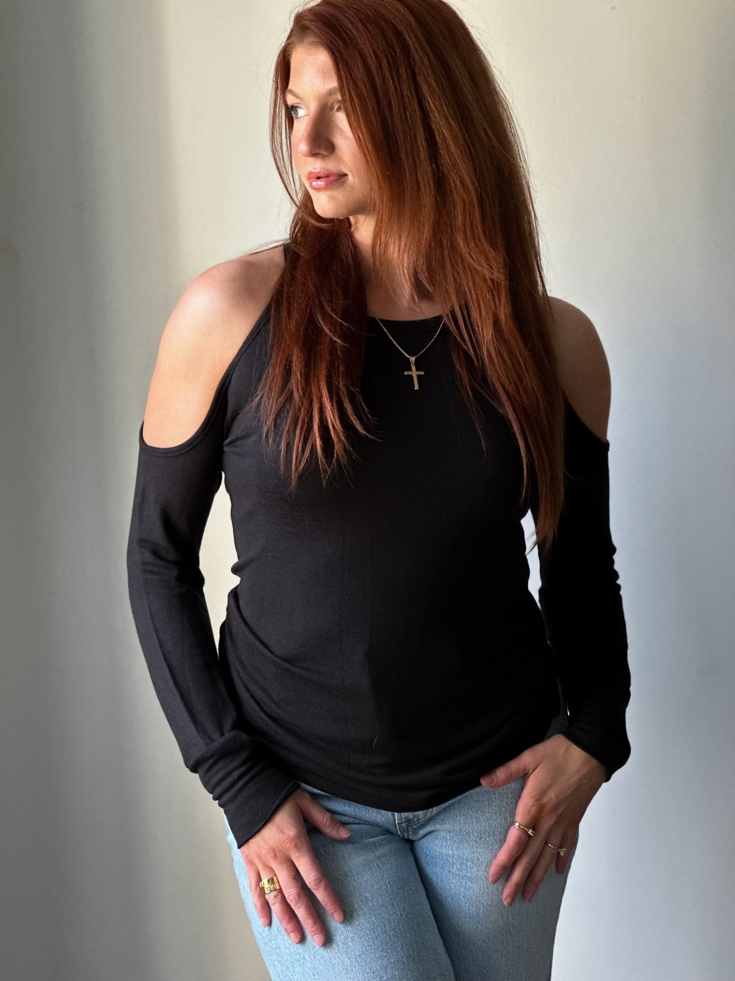 Black Marble Cold Shoulder Blouse