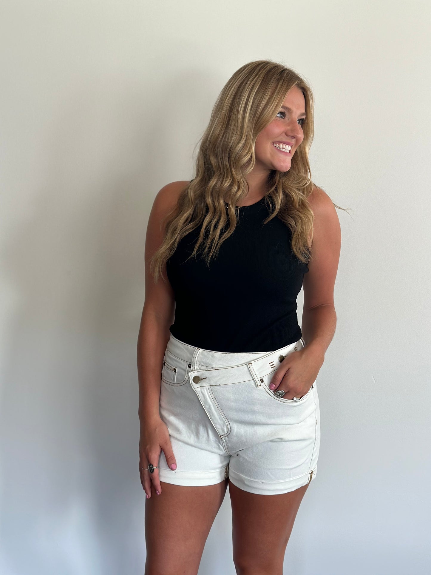 White Asymmetric Denim Short