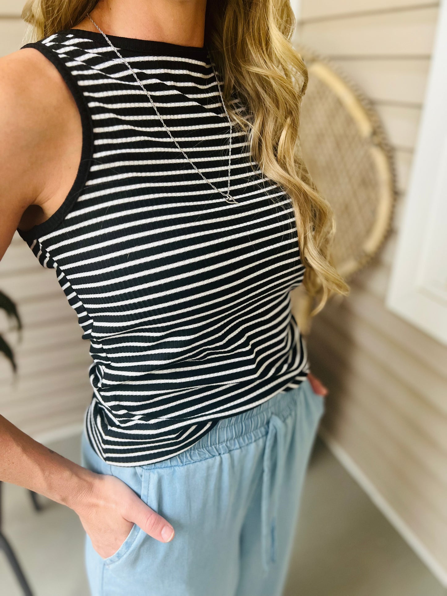 Black and white striped tank