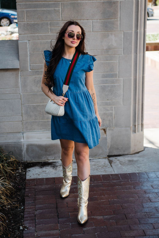 Chambray Charm Flutter Sleeve Mini Dress